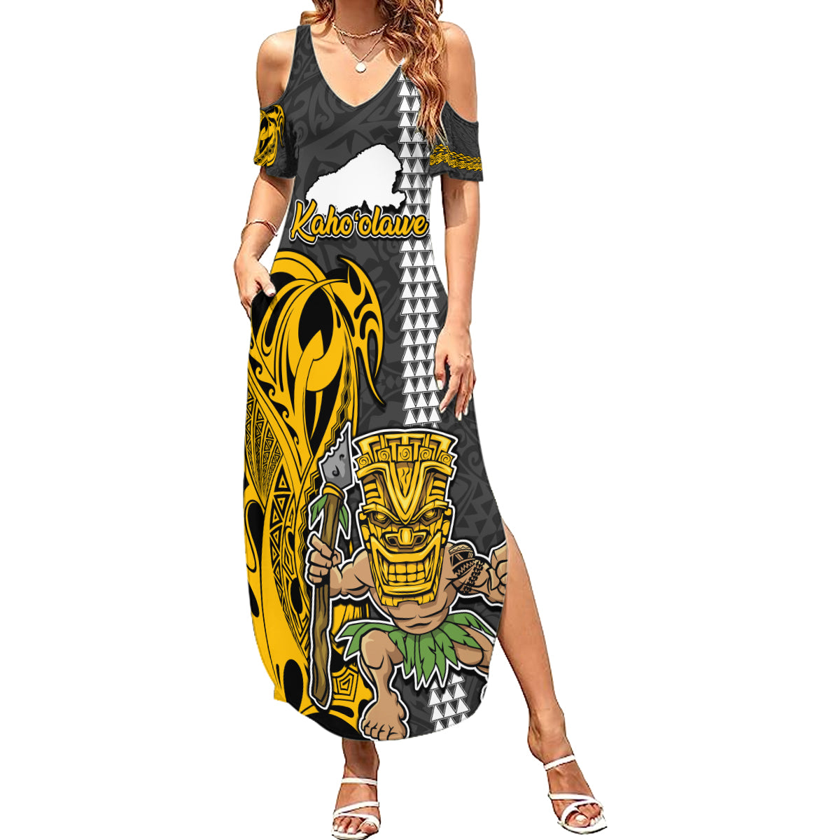 Custom Hawaii Kahoolawe Island Summer Maxi Dress Hawaiian Warrior and Kakau Symbols Abstract Tattoo LT03 Women Yellow - Polynesian Pride