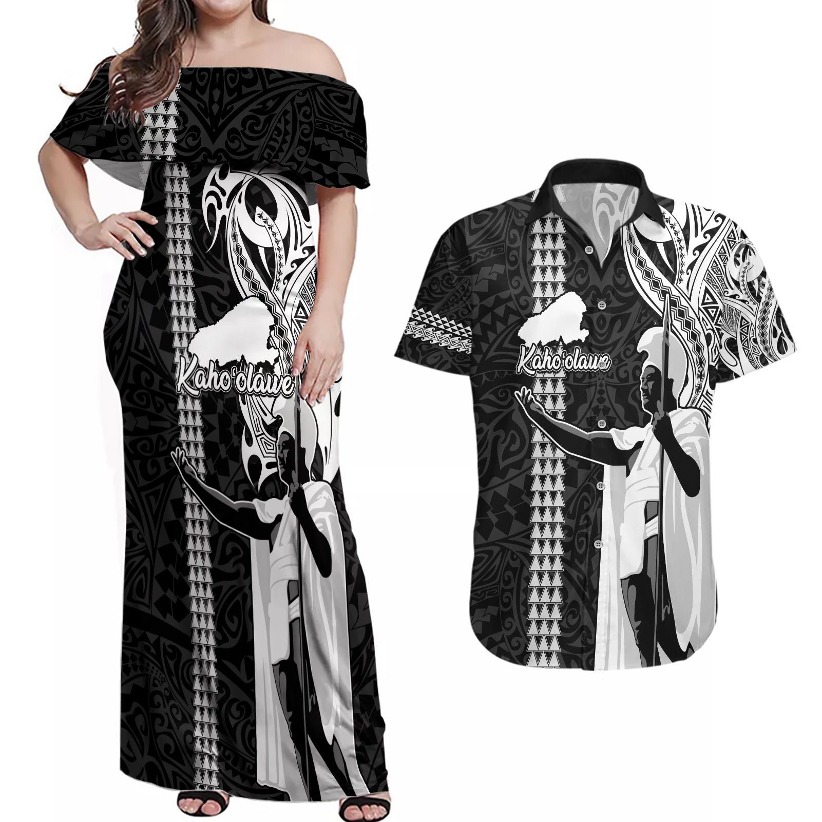 Hawaii Kahoolawe Island Couples Matching Off Shoulder Maxi Dress and Hawaiian Shirt Hawaiian King and Kakau Symbols Abstract Shoulder Tattoo LT03 Black - Polynesian Pride