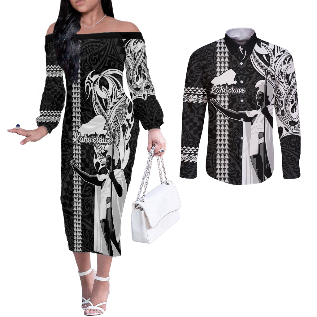 Hawaii Kahoolawe Island Couples Matching Off The Shoulder Long Sleeve Dress and Long Sleeve Button Shirts Hawaiian King and Kakau Symbols Abstract Shoulder Tattoo LT03 Black - Polynesian Pride