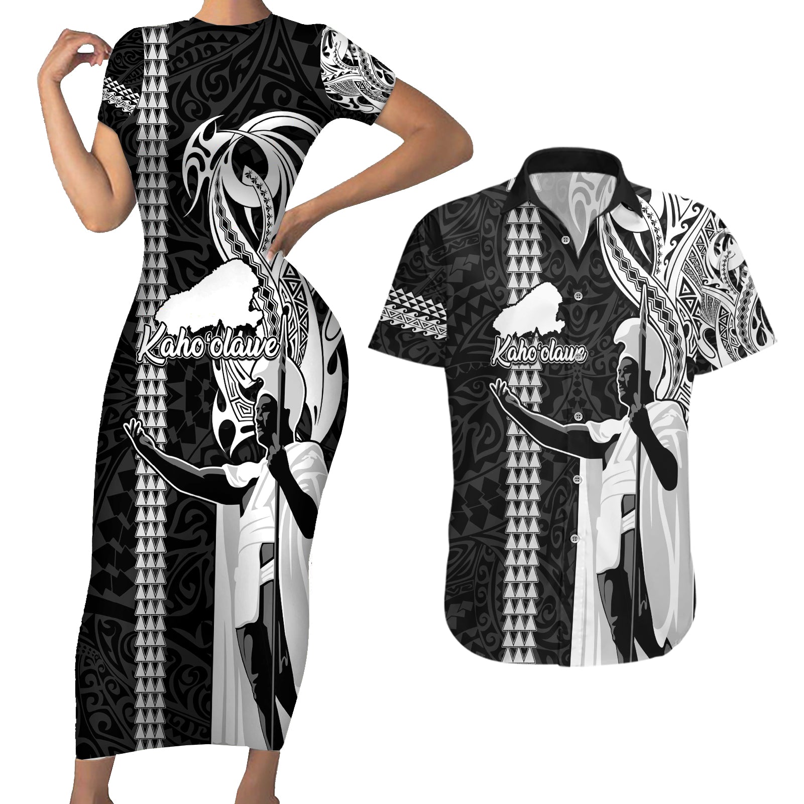 Hawaii Kahoolawe Island Couples Matching Short Sleeve Bodycon Dress and Hawaiian Shirt Hawaiian King and Kakau Symbols Abstract Shoulder Tattoo LT03 Black - Polynesian Pride