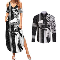 Hawaii Kahoolawe Island Couples Matching Summer Maxi Dress and Long Sleeve Button Shirts Hawaiian King and Kakau Symbols Abstract Shoulder Tattoo LT03 Black - Polynesian Pride