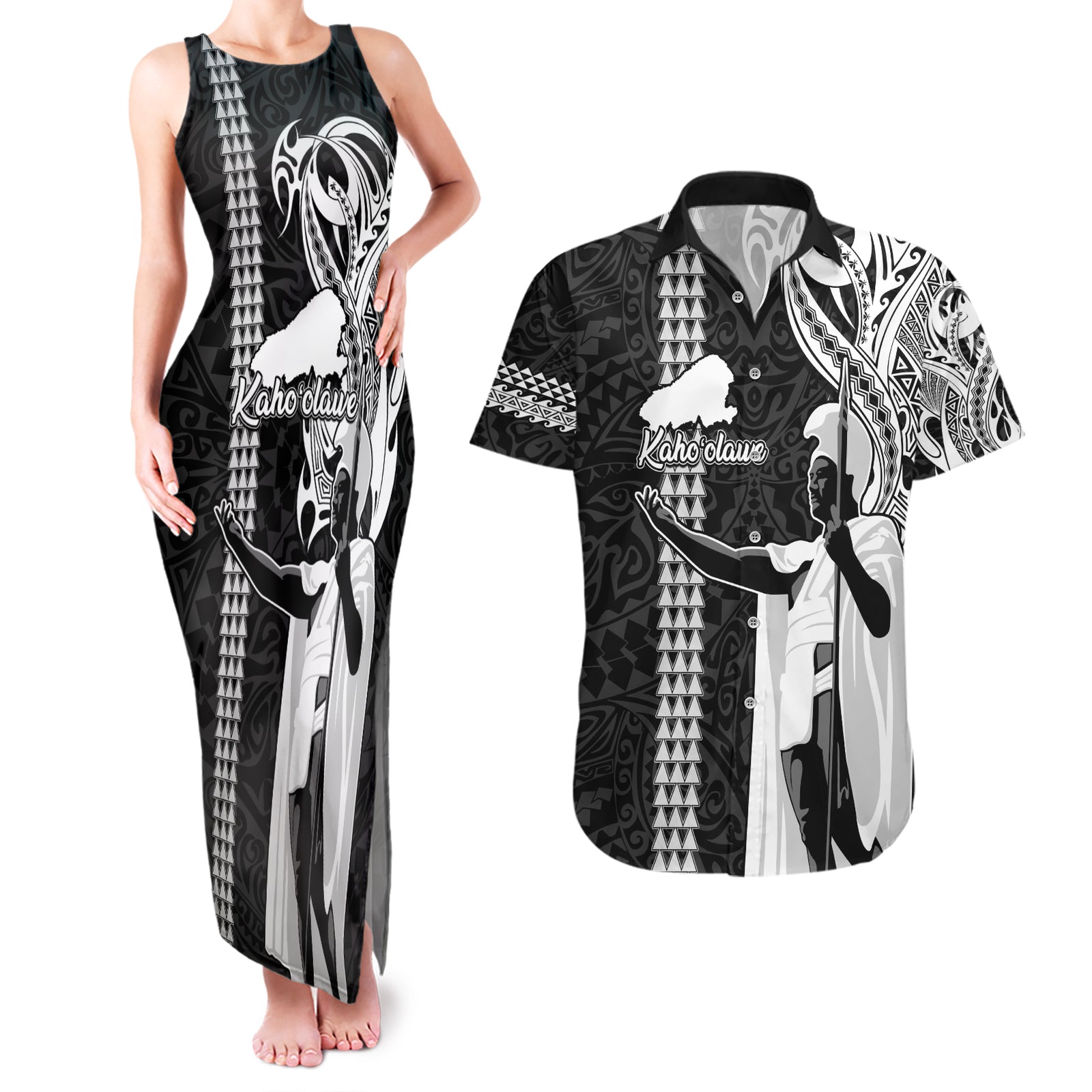Hawaii Kahoolawe Island Couples Matching Tank Maxi Dress and Hawaiian Shirt Hawaiian King and Kakau Symbols Abstract Shoulder Tattoo LT03 Black - Polynesian Pride