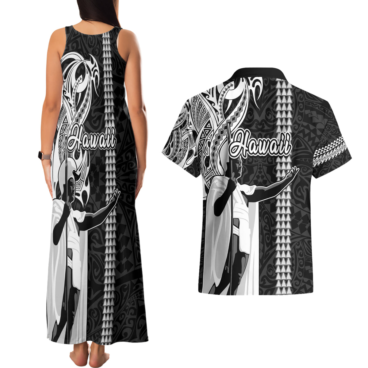 Hawaii Kahoolawe Island Couples Matching Tank Maxi Dress and Hawaiian Shirt Hawaiian King and Kakau Symbols Abstract Shoulder Tattoo LT03 - Polynesian Pride