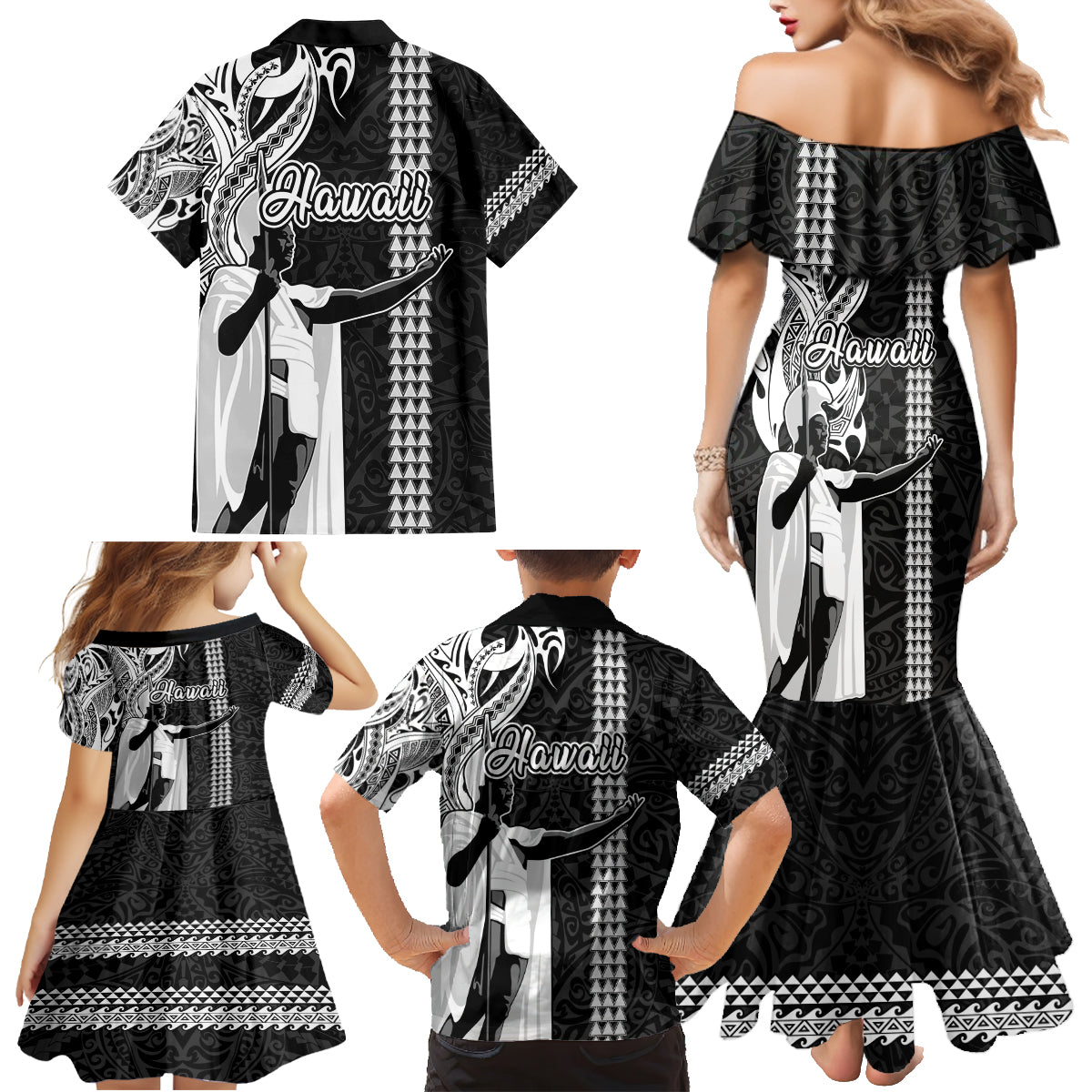 Hawaii Kahoolawe Island Family Matching Mermaid Dress and Hawaiian Shirt Hawaiian King and Kakau Symbols Abstract Shoulder Tattoo LT03 - Polynesian Pride