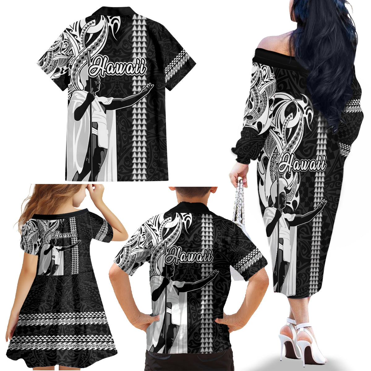 Hawaii Kahoolawe Island Family Matching Off Shoulder Long Sleeve Dress and Hawaiian Shirt Hawaiian King and Kakau Symbols Abstract Shoulder Tattoo LT03 - Polynesian Pride