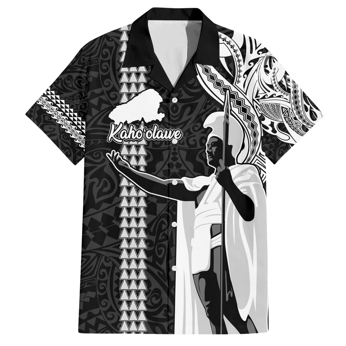 Hawaii Kahoolawe Island Family Matching Short Sleeve Bodycon Dress and Hawaiian Shirt Hawaiian King and Kakau Symbols Abstract Shoulder Tattoo LT03 Dad's Shirt - Short Sleeve Black - Polynesian Pride