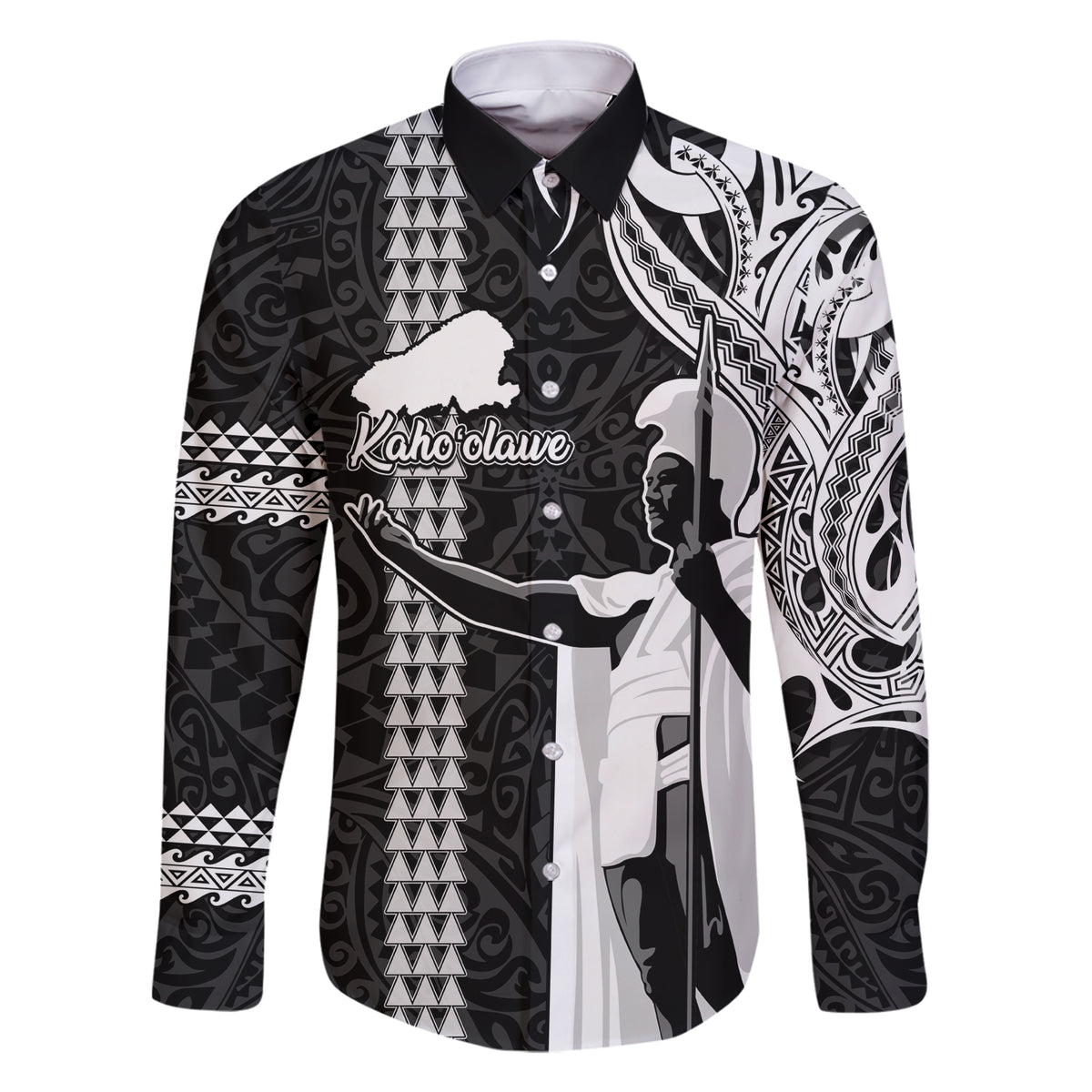 Hawaii Kahoolawe Island Family Matching Short Sleeve Bodycon Dress and Hawaiian Shirt Hawaiian King and Kakau Symbols Abstract Shoulder Tattoo LT03 Dad's Shirt - Long Sleeve Black - Polynesian Pride