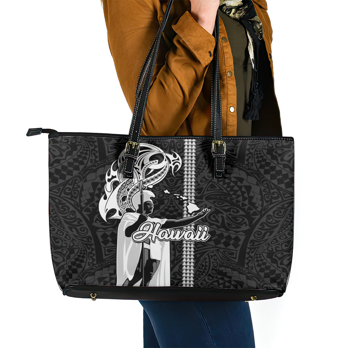 Hawaii Kahoolawe Island Leather Tote Bag Hawaiian King and Kakau Symbols Abstract Shoulder Tattoo LT03 - Polynesian Pride