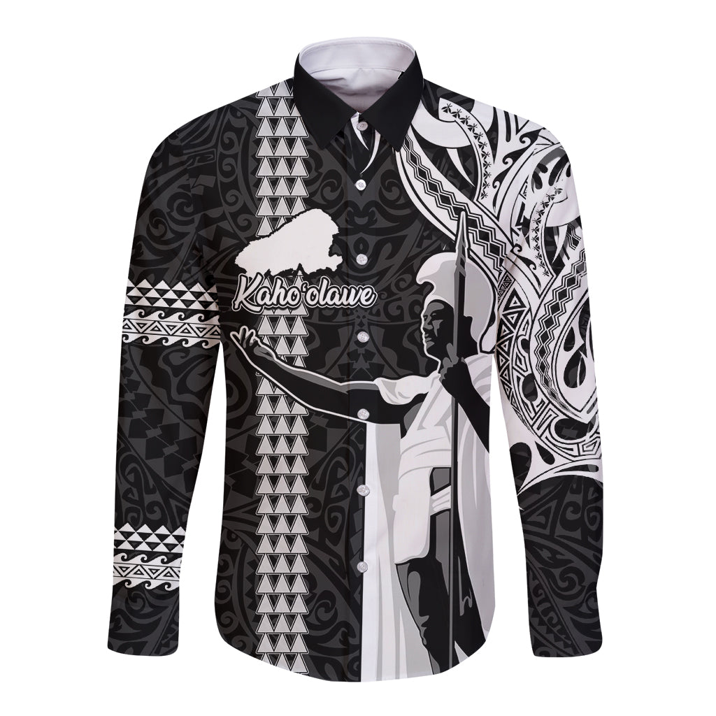 Hawaii Kahoolawe Island Long Sleeve Button Shirt Hawaiian King and Kakau Symbols Abstract Shoulder Tattoo LT03 Unisex Black - Polynesian Pride