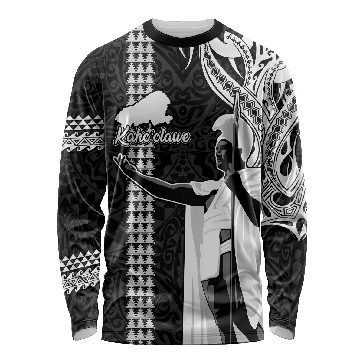 Hawaii Kahoolawe Island Long Sleeve Shirt Hawaiian King and Kakau Symbols Abstract Shoulder Tattoo LT03 Unisex Black - Polynesian Pride