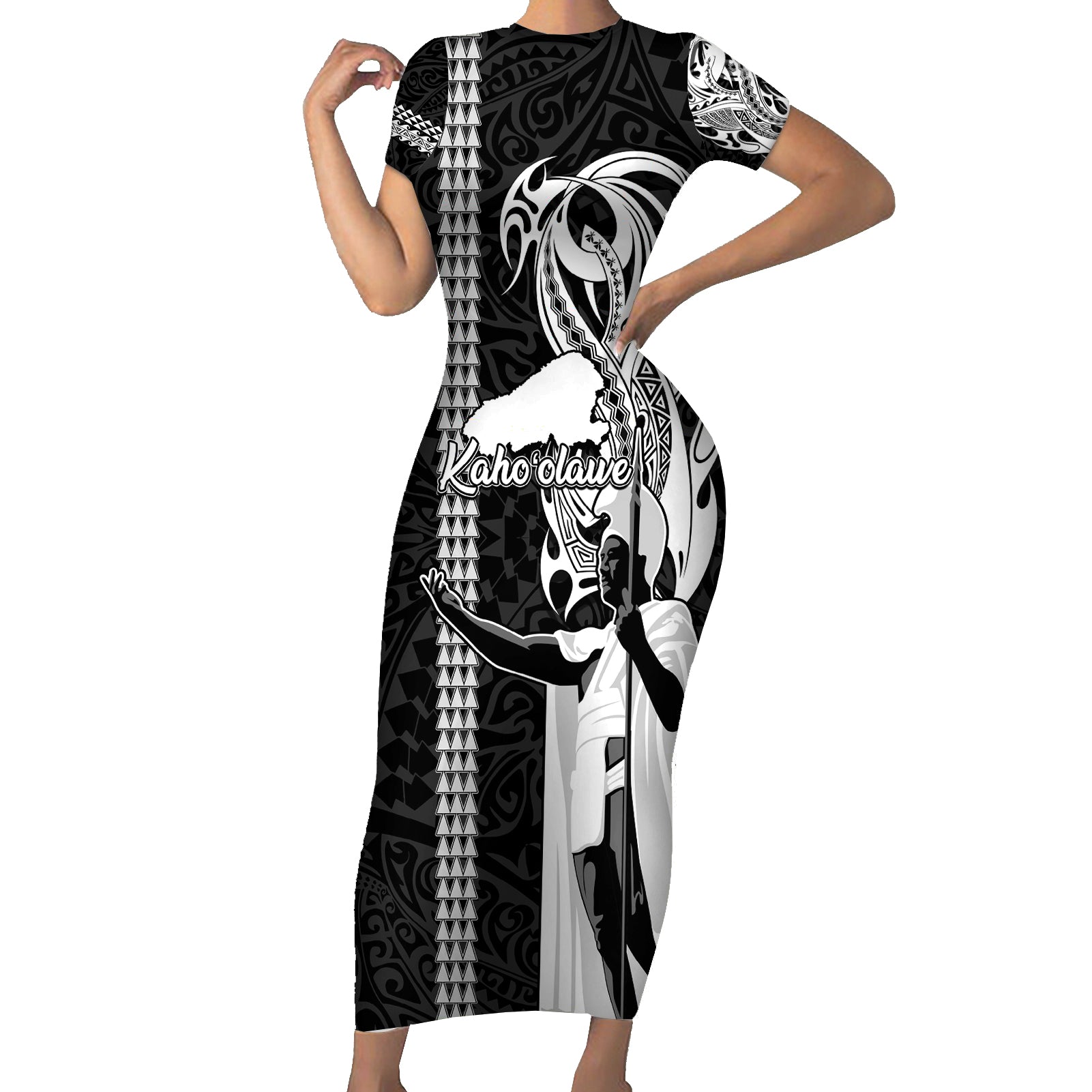 Hawaii Kahoolawe Island Short Sleeve Bodycon Dress Hawaiian King and Kakau Symbols Abstract Shoulder Tattoo LT03 Long Dress Black - Polynesian Pride