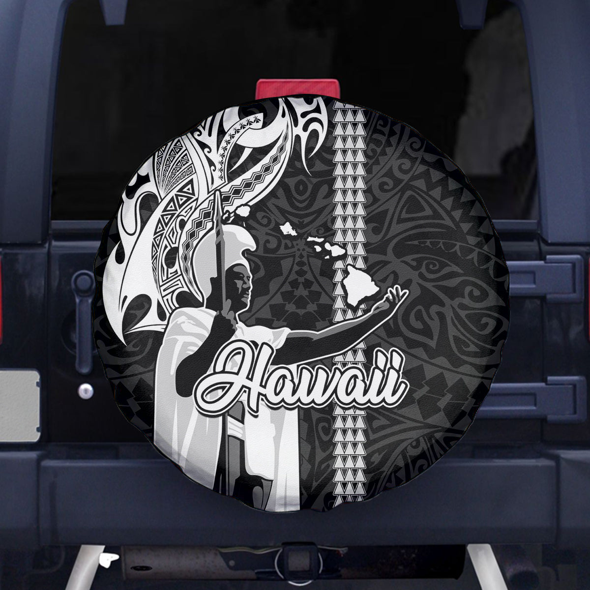 Hawaii Kahoolawe Island Spare Tire Cover Hawaiian King and Kakau Symbols Abstract Shoulder Tattoo LT03 Black - Polynesian Pride