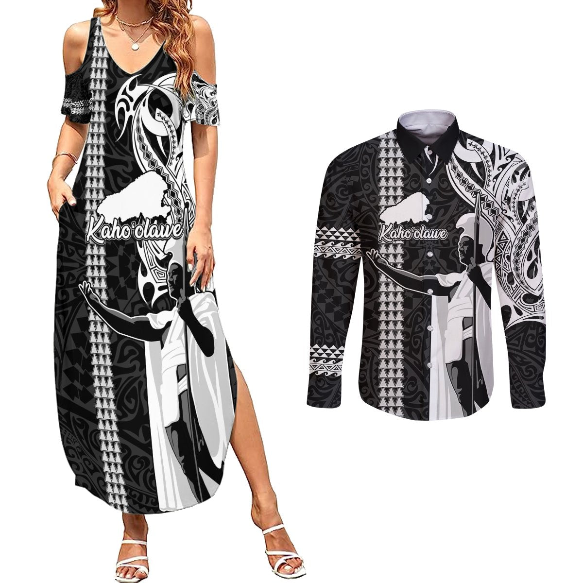 Custom Hawaii Kahoolawe Island Couples Matching Summer Maxi Dress and Long Sleeve Button Shirts Hawaiian King and Kakau Symbols Abstract Shoulder Tattoo LT03 Black - Polynesian Pride