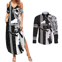 Custom Hawaii Kahoolawe Island Couples Matching Summer Maxi Dress and Long Sleeve Button Shirts Hawaiian King and Kakau Symbols Abstract Shoulder Tattoo LT03 Black - Polynesian Pride