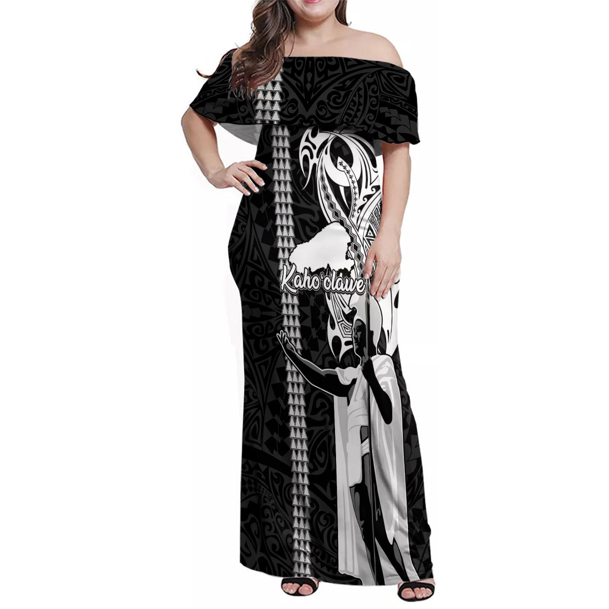 Custom Hawaii Kahoolawe Island Family Matching Off Shoulder Maxi Dress and Hawaiian Shirt Hawaiian King and Kakau Symbols Abstract Shoulder Tattoo LT03 Mom's Dress Black - Polynesian Pride
