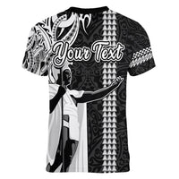 Custom Hawaii Kahoolawe Island Women V Neck T Shirt Hawaiian King and Kakau Symbols Abstract Shoulder Tattoo LT03 - Polynesian Pride