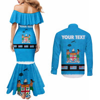 Fiji Merry Christmas Couples Matching Mermaid Dress and Long Sleeve Button Shirt Santa Suit Style With Tapa Tribal Pattern