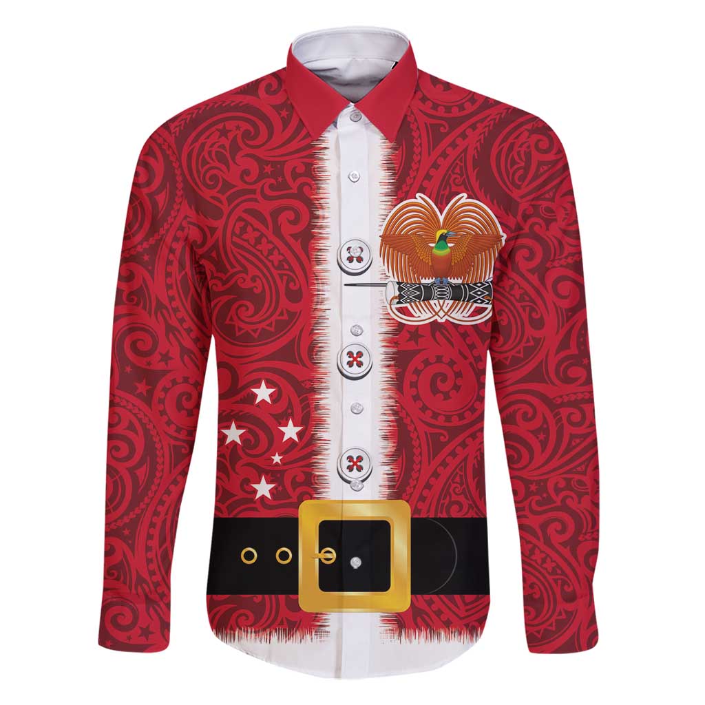 Papua New Guinea Merry Christmas Family Matching Long Sleeve Bodycon Dress and Hawaiian Shirt Santa Suit Style With Melanesian Pattern LT03 Dad's Shirt - Long Sleeve Red - Polynesian Pride