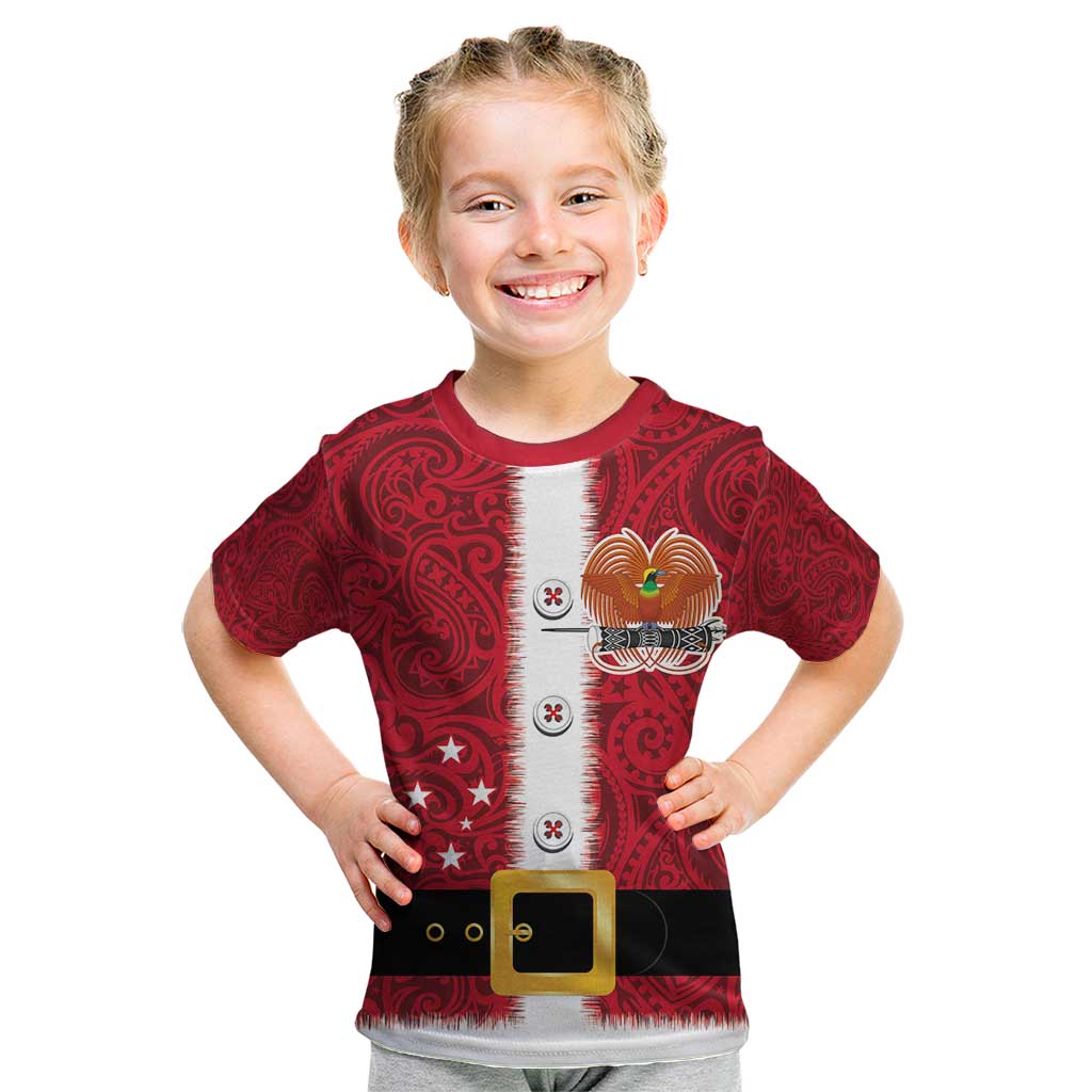 Papua New Guinea Merry Christmas Kid T Shirt Santa Suit Style With Melanesian Pattern