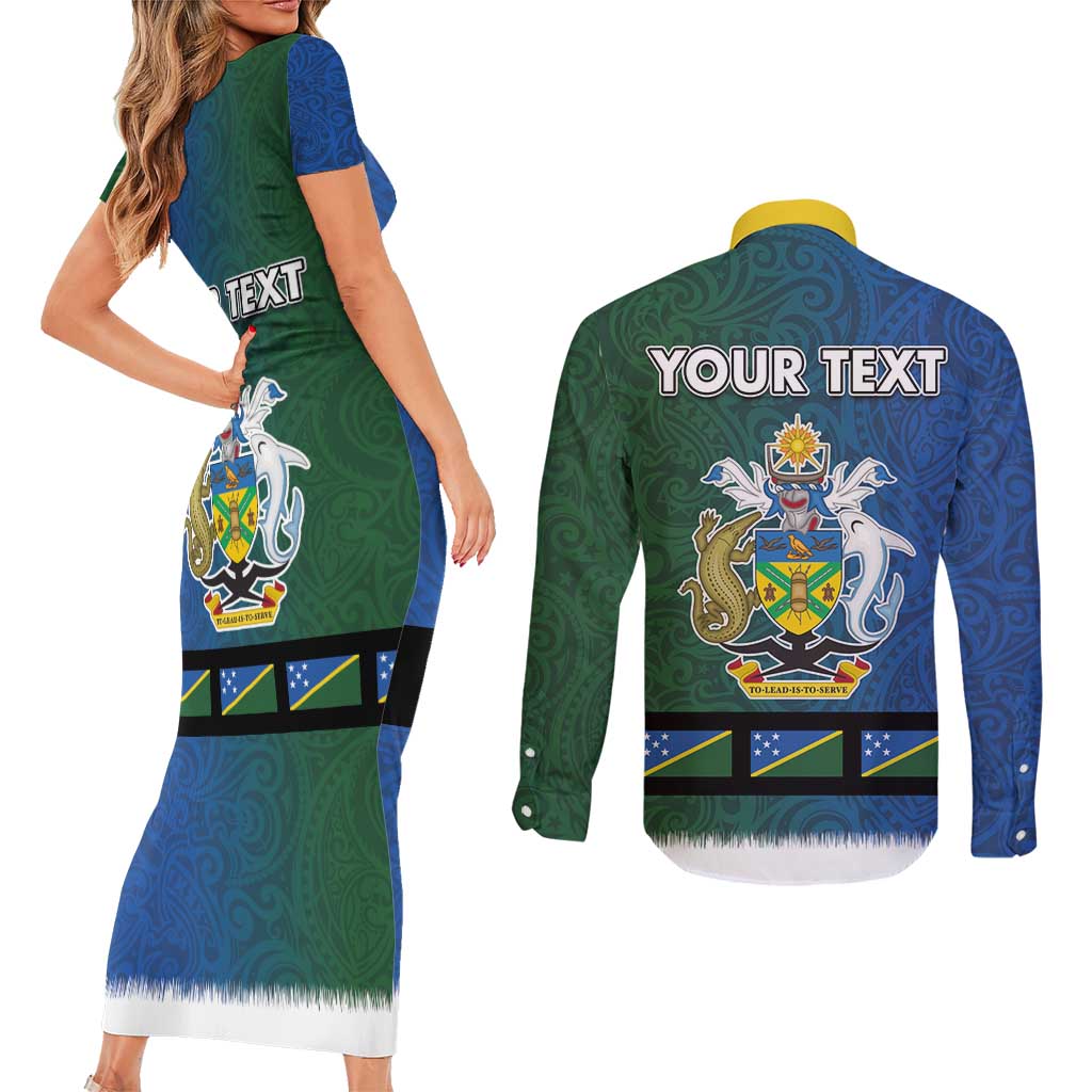 Solomon Islands Merry Christmas Couples Matching Short Sleeve Bodycon Dress and Long Sleeve Button Shirt Santa Suit Style With Melanesian Pattern