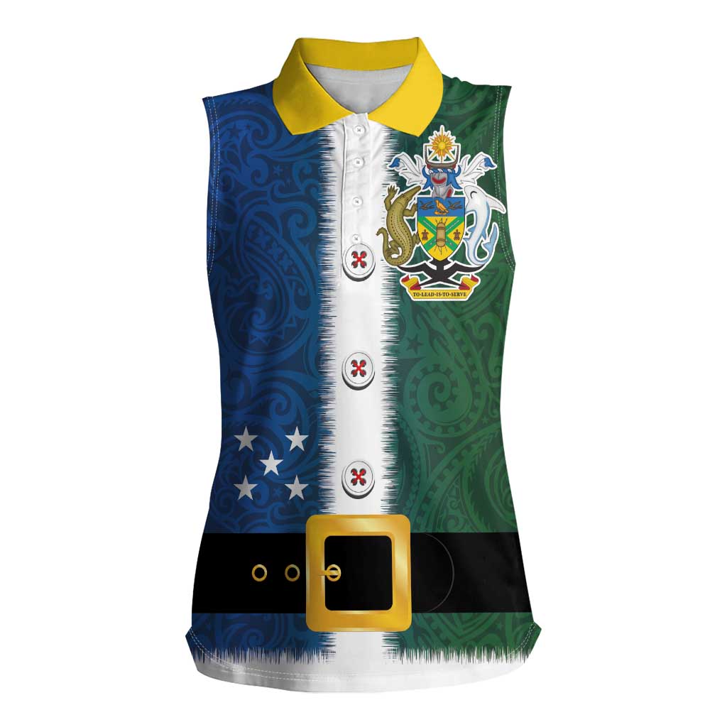 Solomon Islands Merry Christmas Women Sleeveless Polo Shirt Santa Suit Style With Melanesian Pattern