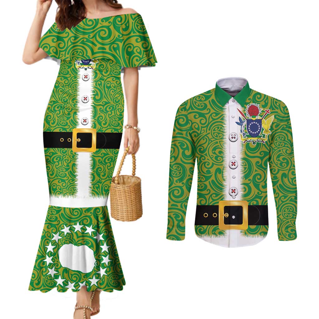 Cook Islands Merry Christmas Couples Matching Mermaid Dress and Long Sleeve Button Shirt Santa Suit Style With Polynesian Pattern LT03 Green - Polynesian Pride