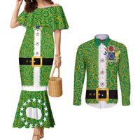 Cook Islands Merry Christmas Couples Matching Mermaid Dress and Long Sleeve Button Shirt Santa Suit Style With Polynesian Pattern LT03 Green - Polynesian Pride