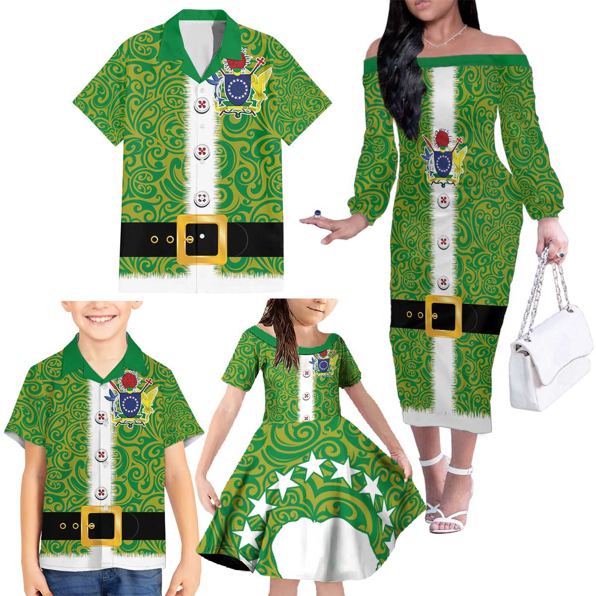 Cook Islands Merry Christmas Family Matching Off The Shoulder Long Sleeve Dress and Hawaiian Shirt Santa Suit Style With Polynesian Pattern LT03 - Polynesian Pride