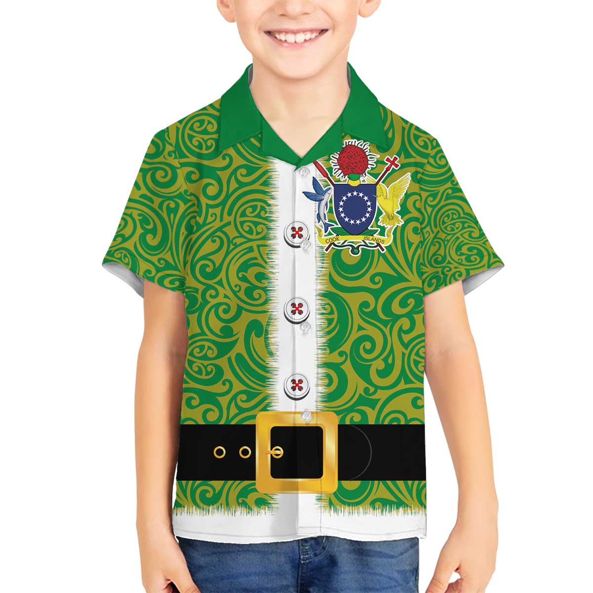 Cook Islands Merry Christmas Family Matching Off The Shoulder Long Sleeve Dress and Hawaiian Shirt Santa Suit Style With Polynesian Pattern LT03 Son's Shirt Green - Polynesian Pride