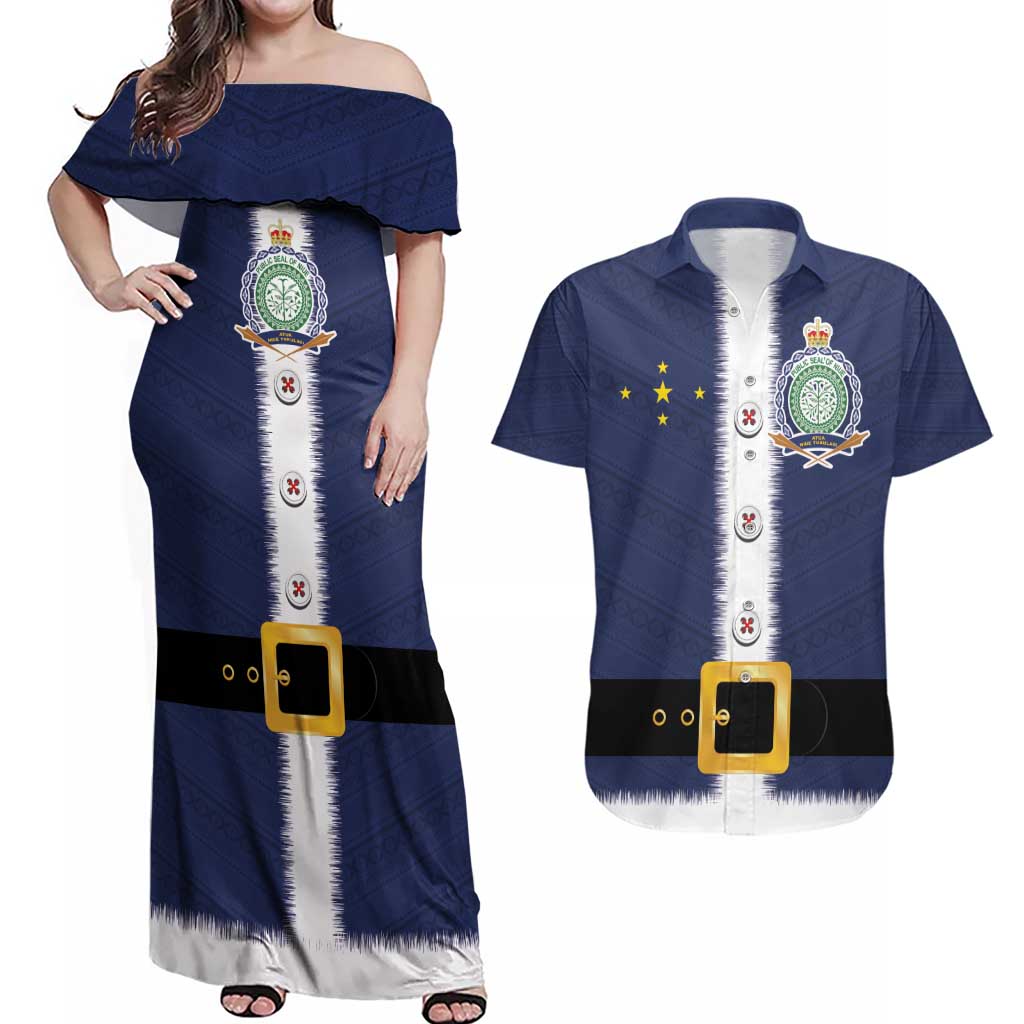 Niue Merry Christmas Couples Matching Off Shoulder Maxi Dress and Hawaiian Shirt Santa Suit Style With Hiapo Pattern