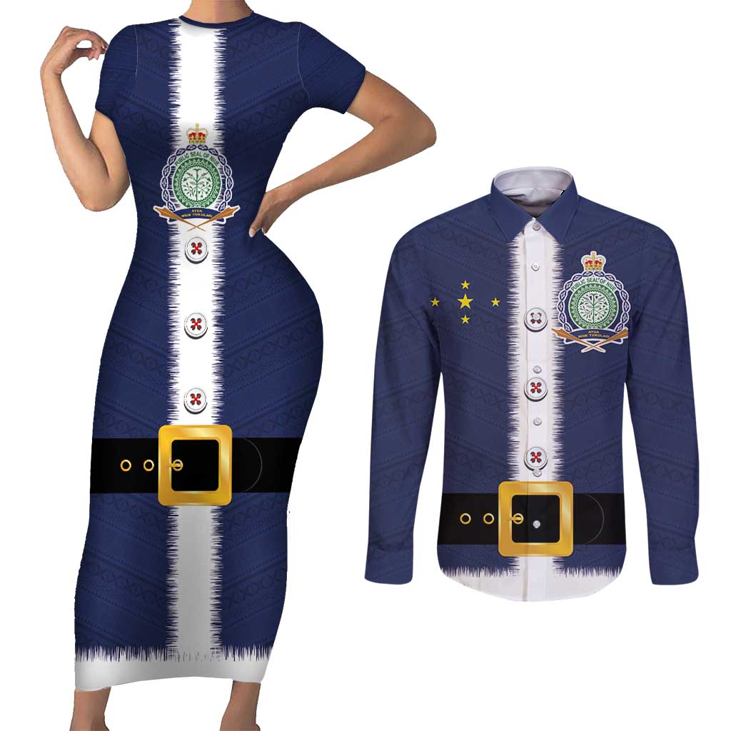 Niue Merry Christmas Couples Matching Short Sleeve Bodycon Dress and Long Sleeve Button Shirt Santa Suit Style With Hiapo Pattern