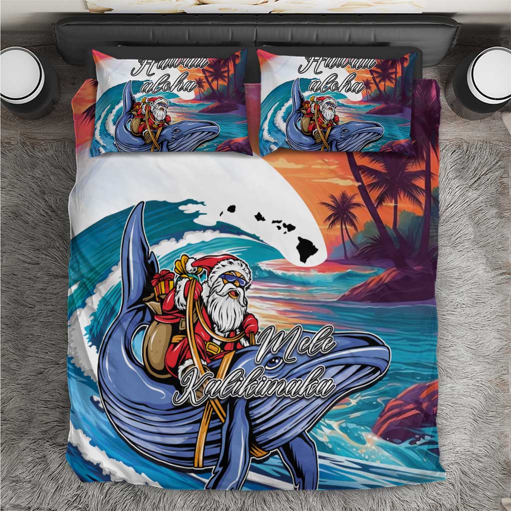 Hawaiian Mele Kalikimaka Bedding Set Santa Claus Driving The Whale with Sunset Ocean Landscape