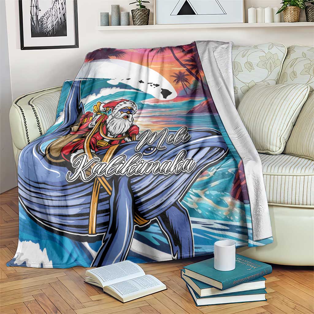 Hawaiian Mele Kalikimaka Blanket Santa Claus Driving The Whale with Sunset Ocean Landscape