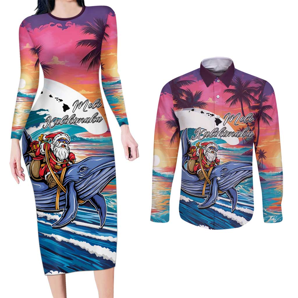 Hawaiian Mele Kalikimaka Couples Matching Long Sleeve Bodycon Dress and Long Sleeve Button Shirt Santa Claus Driving The Whale with Sunset Ocean Landscape