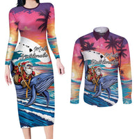 Hawaiian Mele Kalikimaka Couples Matching Long Sleeve Bodycon Dress and Long Sleeve Button Shirt Santa Claus Driving The Whale with Sunset Ocean Landscape LT03 Blue - Polynesian Pride