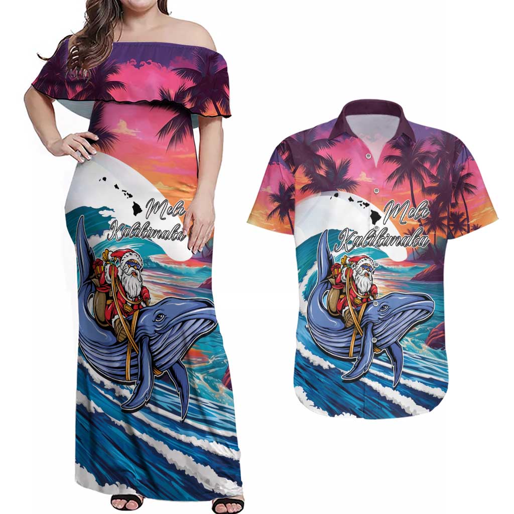 Hawaiian Mele Kalikimaka Couples Matching Off Shoulder Maxi Dress and Hawaiian Shirt Santa Claus Driving The Whale with Sunset Ocean Landscape