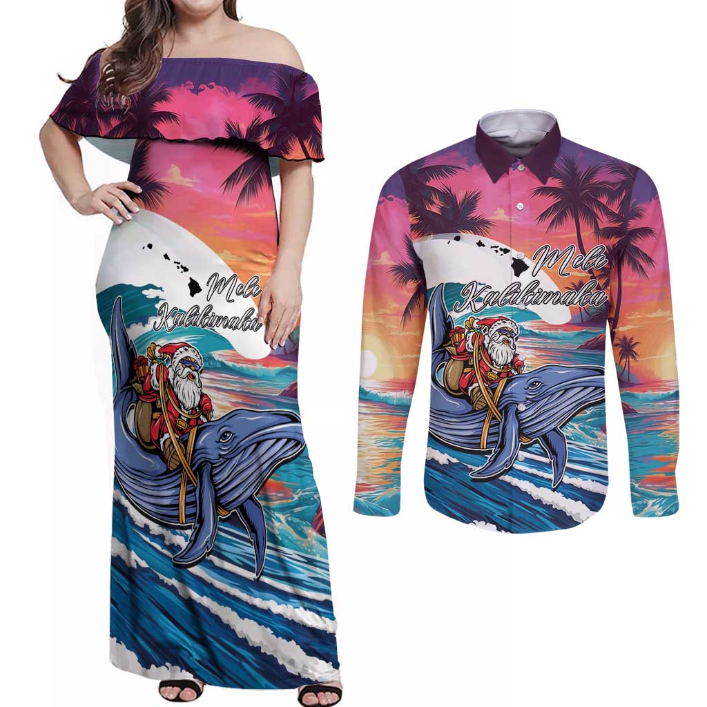 Hawaiian Mele Kalikimaka Couples Matching Off Shoulder Maxi Dress and Long Sleeve Button Shirt Santa Claus Driving The Whale with Sunset Ocean Landscape