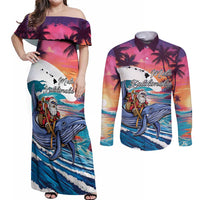 Hawaiian Mele Kalikimaka Couples Matching Off Shoulder Maxi Dress and Long Sleeve Button Shirt Santa Claus Driving The Whale with Sunset Ocean Landscape LT03 Blue - Polynesian Pride