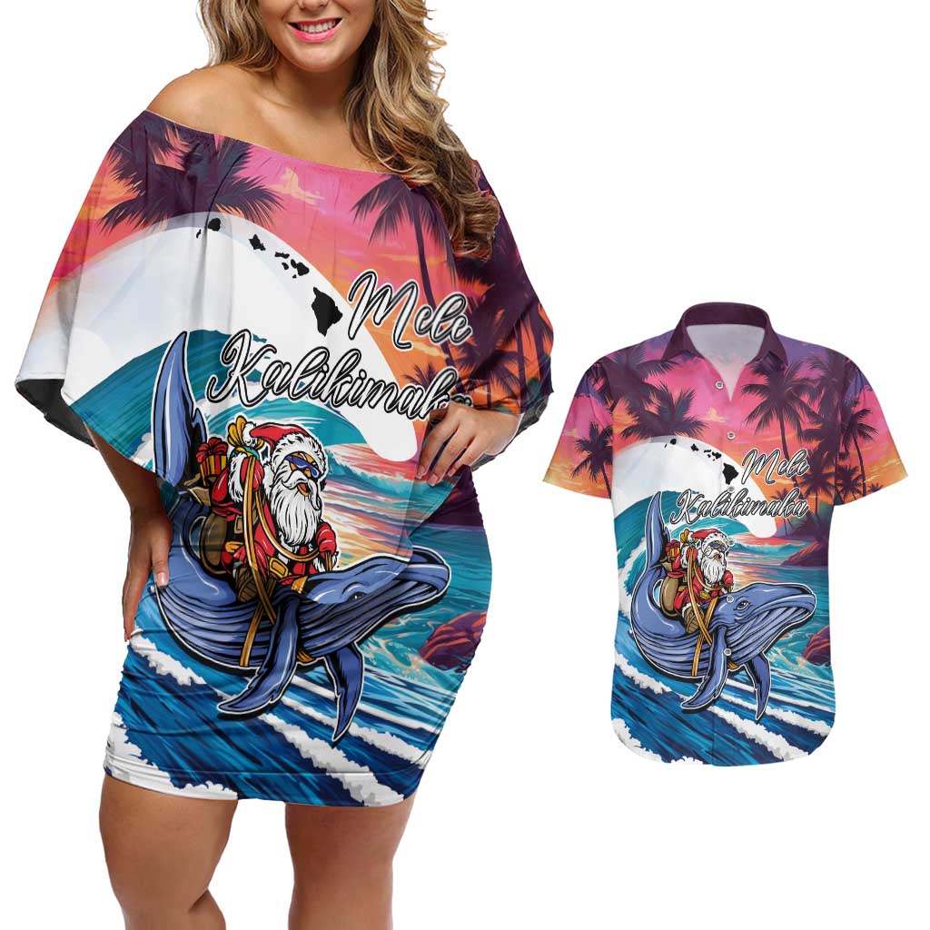 Hawaiian Mele Kalikimaka Couples Matching Off Shoulder Short Dress and Hawaiian Shirt Santa Claus Driving The Whale with Sunset Ocean Landscape
