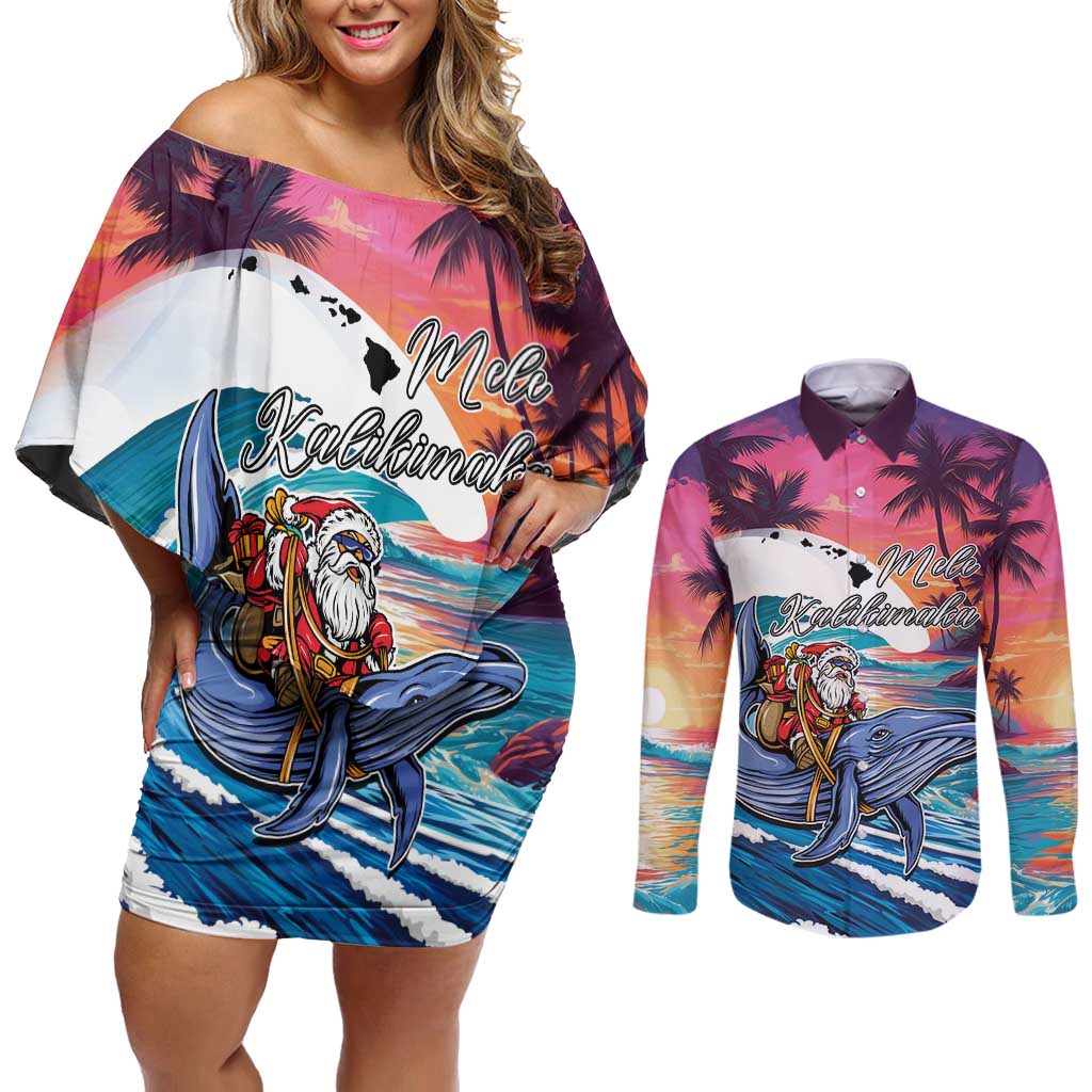 Hawaiian Mele Kalikimaka Couples Matching Off Shoulder Short Dress and Long Sleeve Button Shirt Santa Claus Driving The Whale with Sunset Ocean Landscape