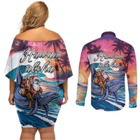 Hawaiian Mele Kalikimaka Couples Matching Off Shoulder Short Dress and Long Sleeve Button Shirt Santa Claus Driving The Whale with Sunset Ocean Landscape LT03 - Polynesian Pride