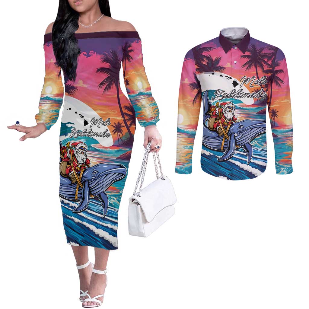 Hawaiian Mele Kalikimaka Couples Matching Off The Shoulder Long Sleeve Dress and Long Sleeve Button Shirt Santa Claus Driving The Whale with Sunset Ocean Landscape