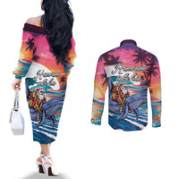 Hawaiian Mele Kalikimaka Couples Matching Off The Shoulder Long Sleeve Dress and Long Sleeve Button Shirt Santa Claus Driving The Whale with Sunset Ocean Landscape LT03 - Polynesian Pride