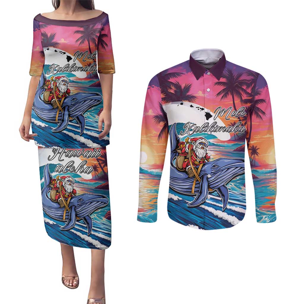 Hawaiian Mele Kalikimaka Couples Matching Puletasi and Long Sleeve Button Shirt Santa Claus Driving The Whale with Sunset Ocean Landscape