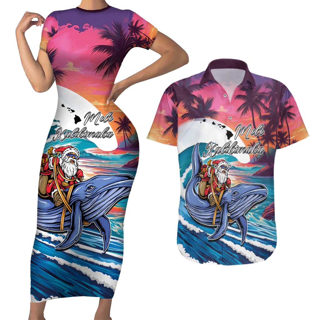 Hawaiian Mele Kalikimaka Couples Matching Short Sleeve Bodycon Dress and Hawaiian Shirt Santa Claus Driving The Whale with Sunset Ocean Landscape