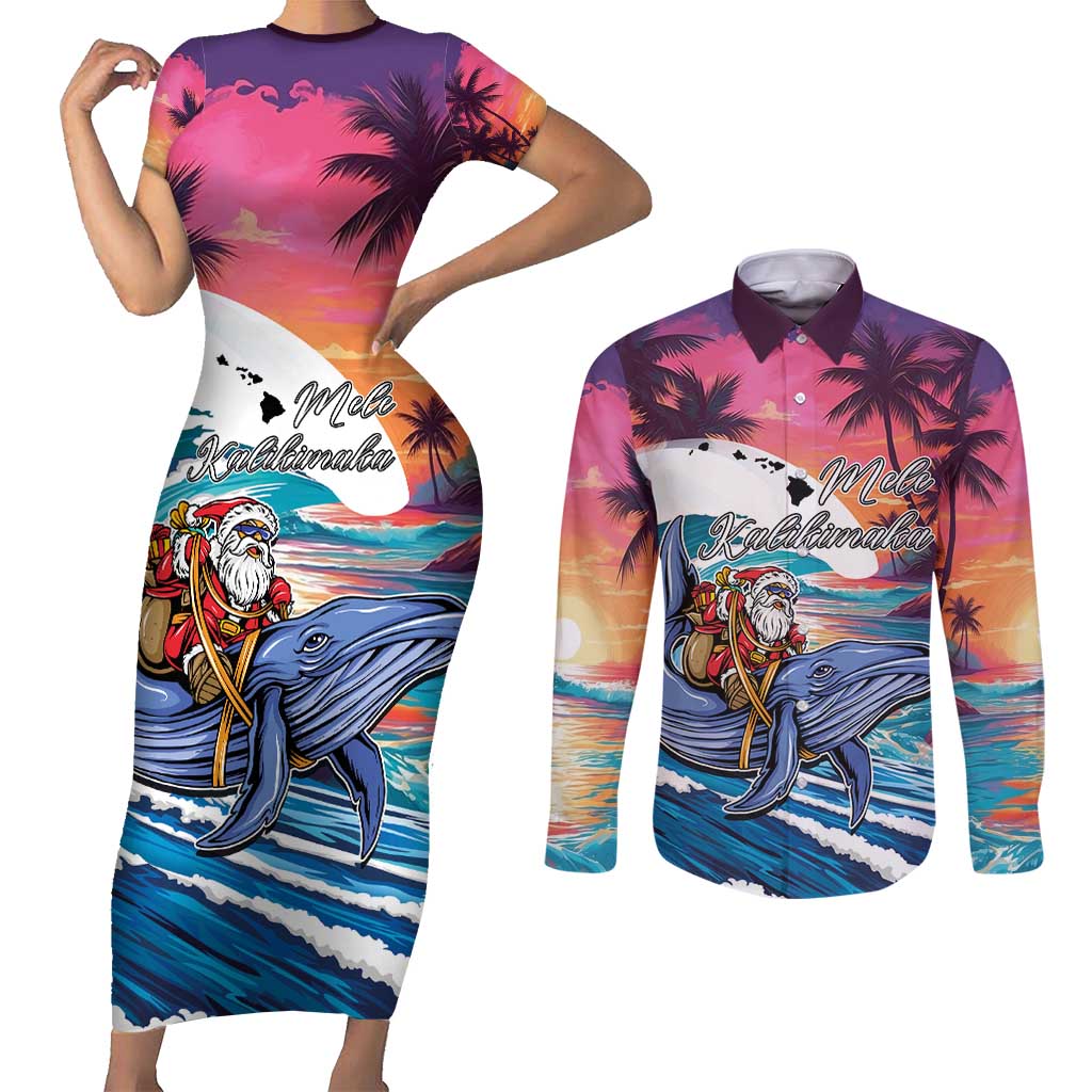 Hawaiian Mele Kalikimaka Couples Matching Short Sleeve Bodycon Dress and Long Sleeve Button Shirt Santa Claus Driving The Whale with Sunset Ocean Landscape