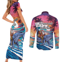 Hawaiian Mele Kalikimaka Couples Matching Short Sleeve Bodycon Dress and Long Sleeve Button Shirt Santa Claus Driving The Whale with Sunset Ocean Landscape LT03 - Polynesian Pride