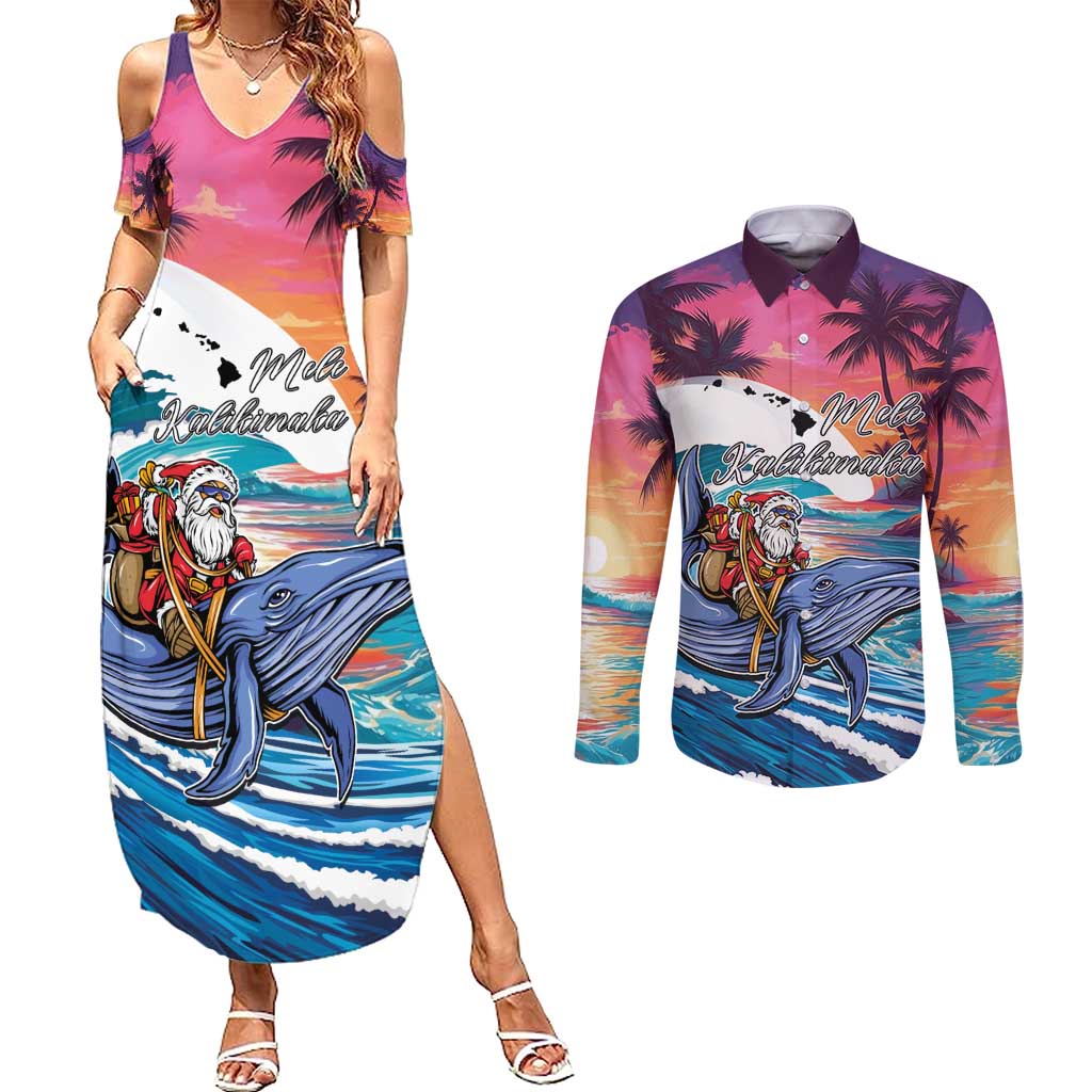 Hawaiian Mele Kalikimaka Couples Matching Summer Maxi Dress and Long Sleeve Button Shirt Santa Claus Driving The Whale with Sunset Ocean Landscape