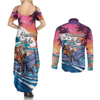Hawaiian Mele Kalikimaka Couples Matching Summer Maxi Dress and Long Sleeve Button Shirt Santa Claus Driving The Whale with Sunset Ocean Landscape LT03 - Polynesian Pride