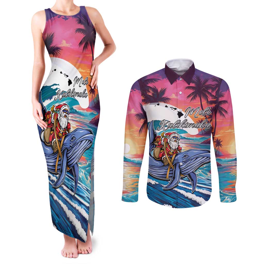 Hawaiian Mele Kalikimaka Couples Matching Tank Maxi Dress and Long Sleeve Button Shirt Santa Claus Driving The Whale with Sunset Ocean Landscape